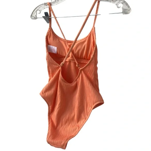 NWOT Xhilaration Tangerine Orange Peach Ribbed Backless One-Piece Swimsuit - S - Picture 11 of 16